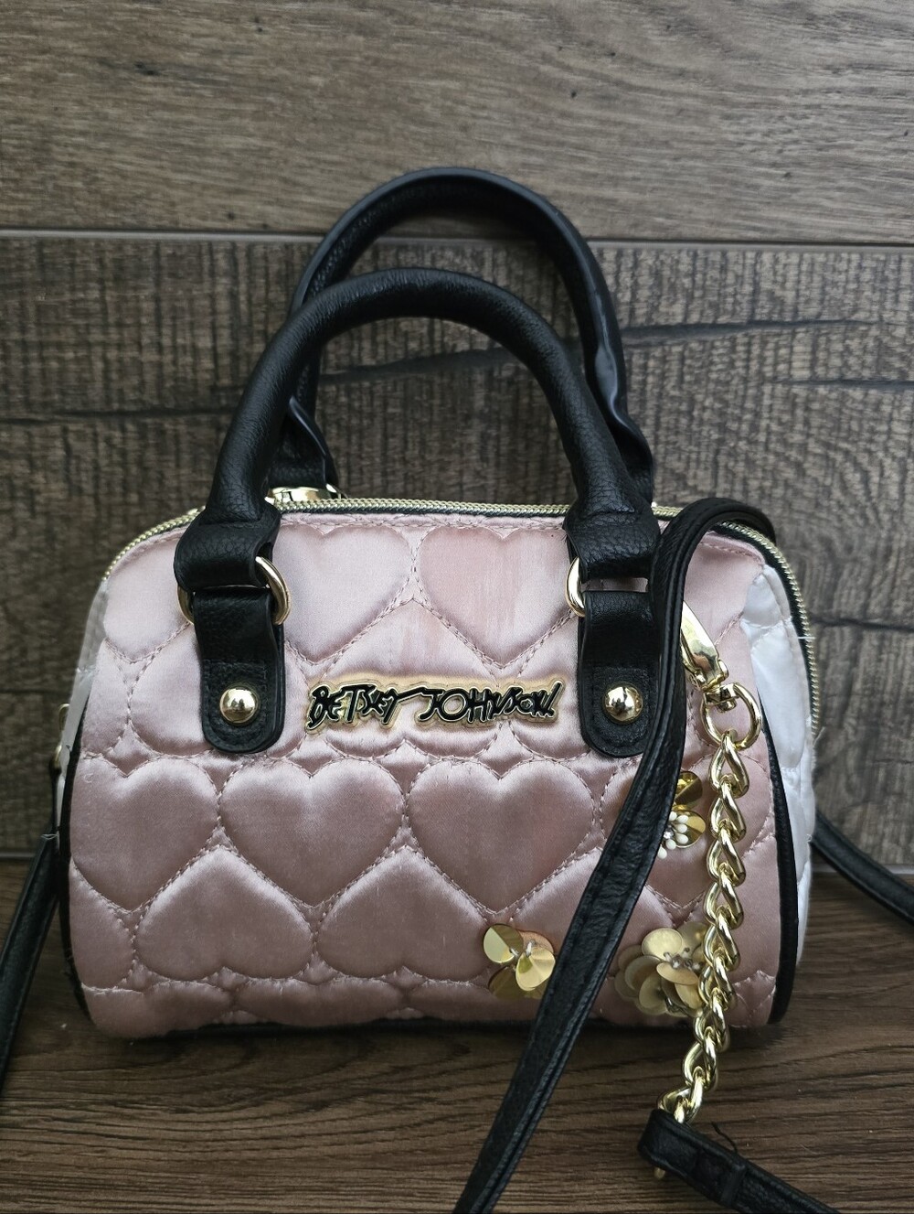 Betsey Johnson Pink Quilted Mini Heart Barrel Crossbody Bag Purse Sequin